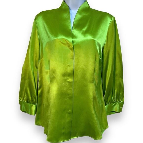 LAFAYETTE 148 NY Green 100% Silk Button Front Blouse Size 4 - Picture 1 of 10